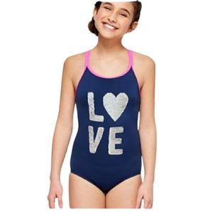 Justice Blue Sequins Love One Piece Swimsuit